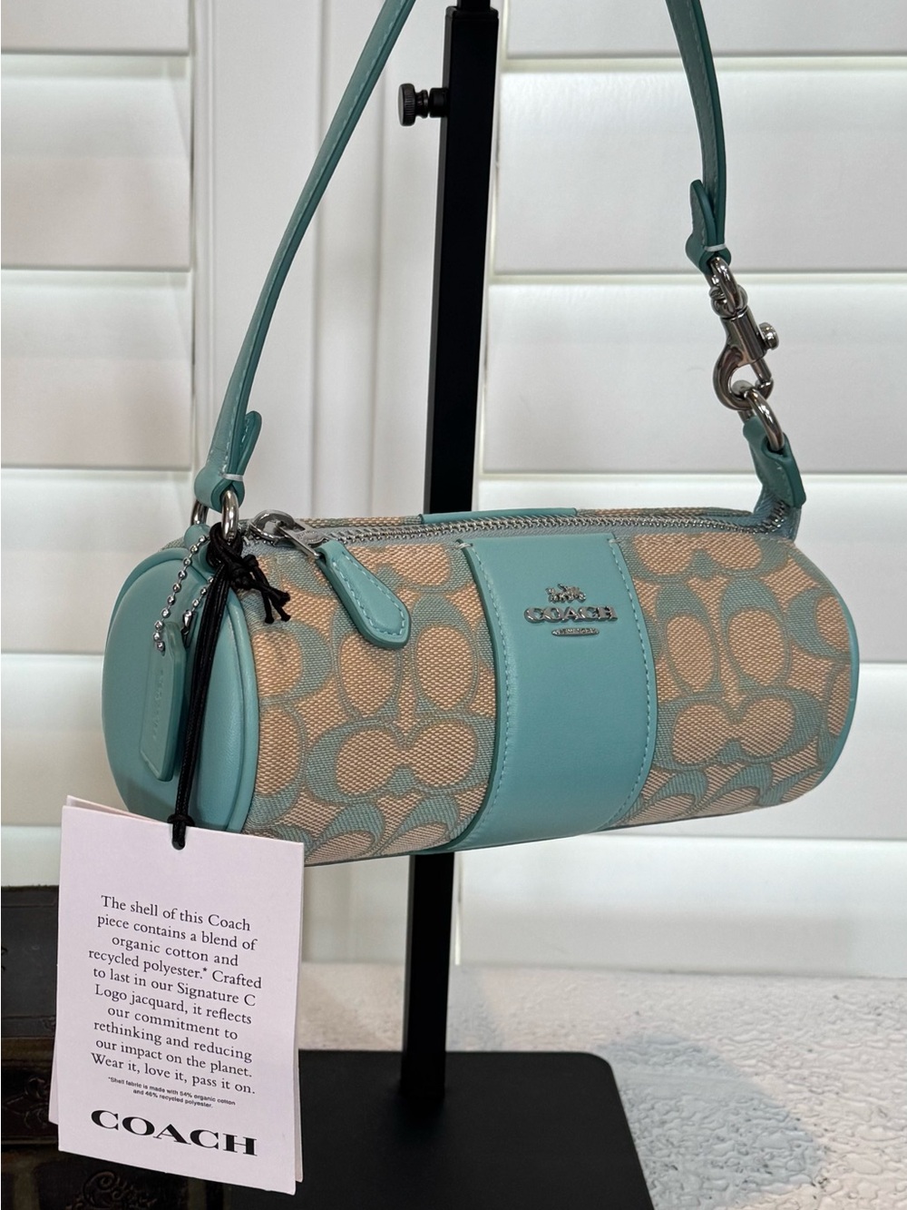 Coach Mini Barrel Shoulder Bag in Aqua/Beige Signature Jacquard